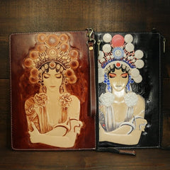 Handmade Leather Tooled Mens Cool Long Leather iPad Bag Wristlet Clutch Wallet for Men