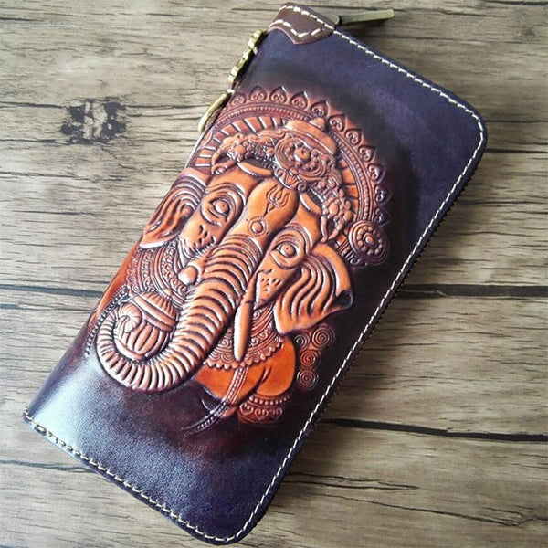 Handmade Leather Ganesha Tooled Mens Long Wallet Cool Leather Wallet Clutch Wallet for Men - imessengerbags