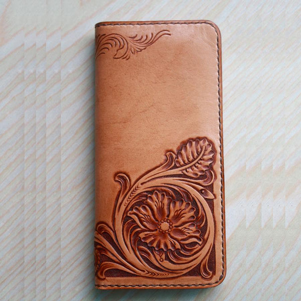 Handmade Leather Vintage Tooled Floral Mens Long Wallets Cool Long Wallet for Men - imessengerbags
