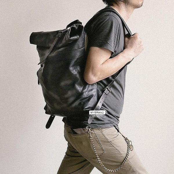 Genuine Leather Mens Cool Backpack Sling Bag Large Black Travel Bag Hiking Bag for men - imessengerbags