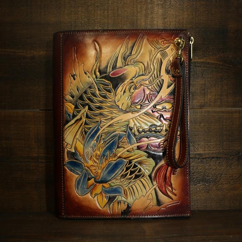 Handmade Leather Tooled Mens Cool Long Leather iPad Bag Wristlet Clutch Wallet for Men - imessengerbags