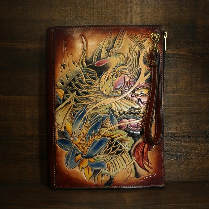 Handmade Leather Tooled Mens Cool Long Leather iPad Bag Wristlet Clutch Wallet for Men