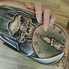 Handmade Leather Skull Death Tooled Mens Long Wallet Cool Leather Wallet Clutch Wallet for Men - imessengerbags