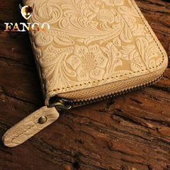 Handmade Leather Floral Floral Mens Cool Zipper Phone Travel Long Wallet Card Holder Card Slim Clutch Wallets for Men - imessengerbags