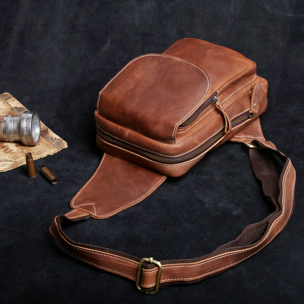 Genuine Leather Mens Cool Chest Bag Sling Bag Crossbody Bag Travel Bag Hiking Bag for men - imessengerbags