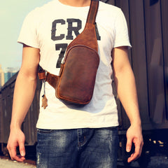 Genuine Leather Mens Cool Chest Bag Sling Bag Crossbody Bag Travel Bag Hiking Bag for men