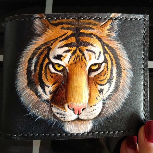 Handmade Leather Tiger Tooled Mens billfold Wallet Cool Leather Wallet Slim Wallet for Men - imessengerbags