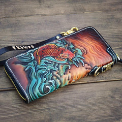 Handmade Leather Carp Mens Chain Biker Wallet Cool Leather Wallet Long Phone Wallets for Men