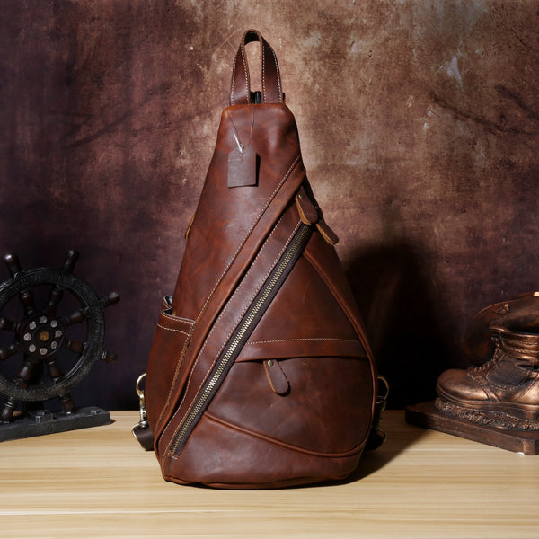 Genuine Leather Mens Cool Chest Bag Sling Bag Crossbody Bag Travel Bag Hiking Bag for men - imessengerbags
