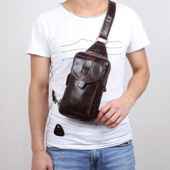 Genuine Leather Mens Cool Chest Bag Sling Bag Crossbody Bag Travel Bag Hiking Bag for men