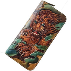 Handmade Leather Chinese Lion Tooled Mens Long Wallet Cool Leather Wallet Clutch Wallet for Men - imessengerbags