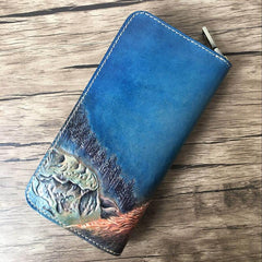 Handmade Leather Wolf Tooled Mens Long Wallet Cool Leather Wallet Clutch Wallet for Men - imessengerbags