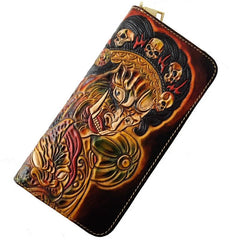 Handmade Leather Mahākāla Tooled Mens Long Wallet Cool Leather Wallet Clutch Wallet for Men - imessengerbags