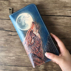 Handmade Leather Wolf Tooled Mens Long Wallet Cool Leather Wallet Clutch Wallet for Men - imessengerbags