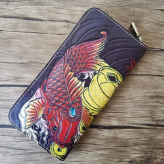 Handmade Leather Carp Tooled Mens Long Wallet Cool Leather Wallet Clutch Wallet for Men - imessengerbags