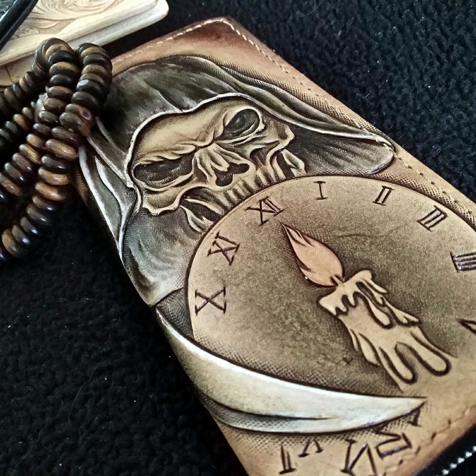 Handmade Leather Skull Death Tooled Mens Long Wallet Cool Leather Wallet Clutch Wallet for Men - imessengerbags