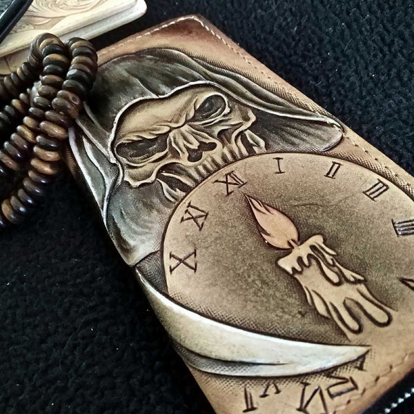Handmade Leather Skull Death Tooled Mens Long Wallet Cool Leather Wallet Clutch Wallet for Men - imessengerbags