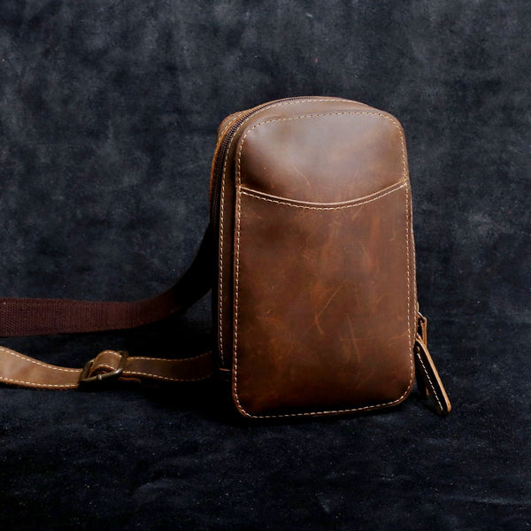 Handmade Leather Mens Cool Chest Bag Sling Bag Crossbody Bag Travel Bag Hiking Bag for men - imessengerbags