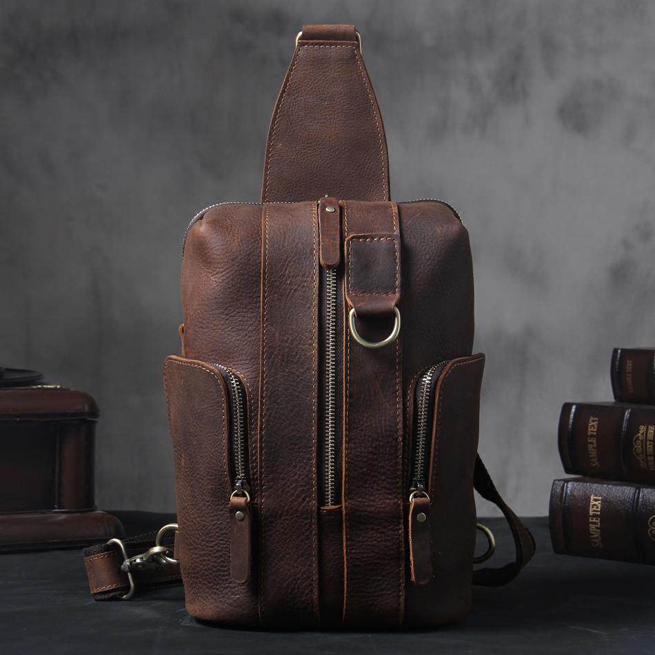 Handmade Genuine Leather Coffee Mens Cool Sling Pack Bag Crossbody Bag Chest Bag for men - imessengerbags