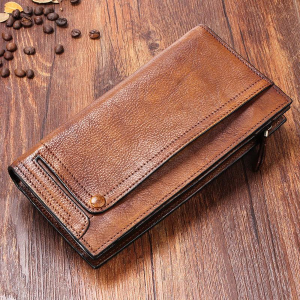 Handmade Leather Mens Cool Long Leather Wallet Bifold Clutch Wallet for Men - imessengerbags