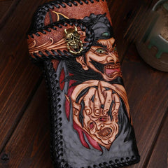 Handmade Mens Cool Tooled Zhong Kui demon Leather Chain Wallet Biker Trucker Wallet with Chain
