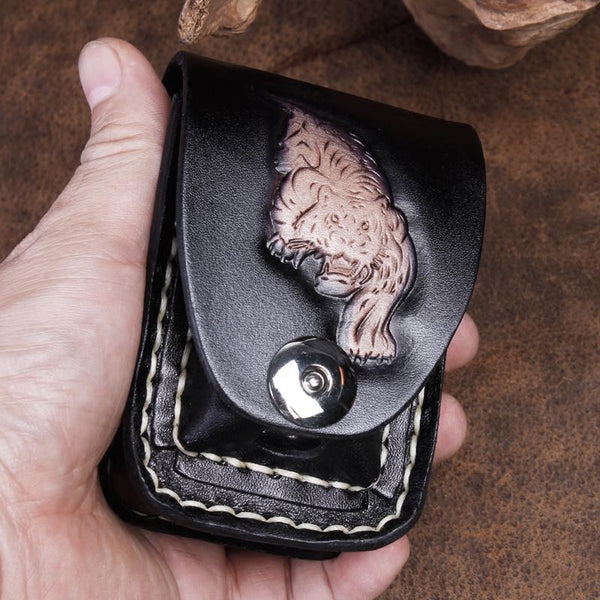 Cool Leather Mens Engraved Tiger Cigarette Holder Cases lighter Holder for Men