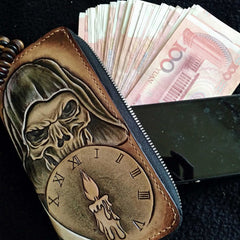 Handmade Leather Skull Death Tooled Mens Long Wallet Cool Leather Wallet Clutch Wallet for Men - imessengerbags
