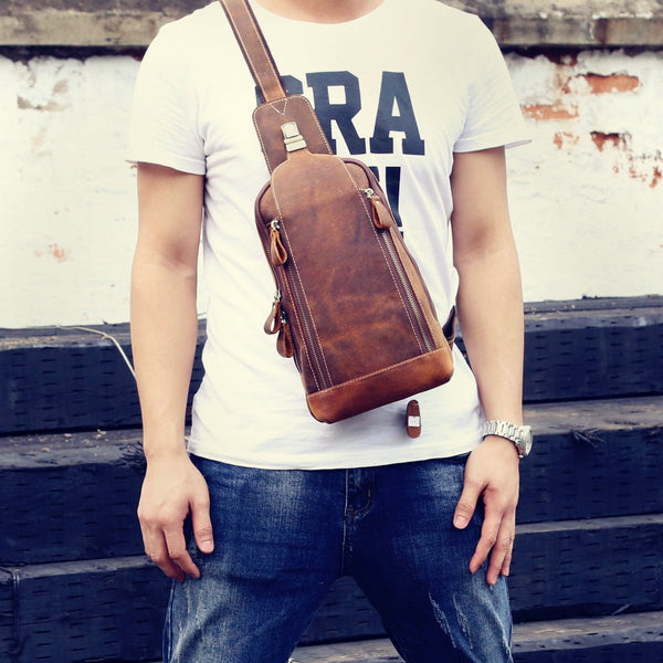 Handmade Leather Mens Cool Chest Bag Sling Bag Crossbody Bag Travel Bag Hiking Bag for men - imessengerbags