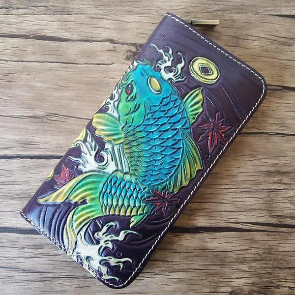 Handmade Leather Carp Tooled Mens Long Wallet Cool Leather Wallet Clutch Wallet for Men - imessengerbags