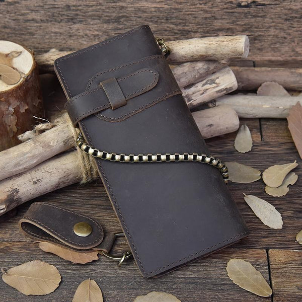 Handmade leather biker trucker wallet leather chain men Vintage Brown long wallet - imessengerbags