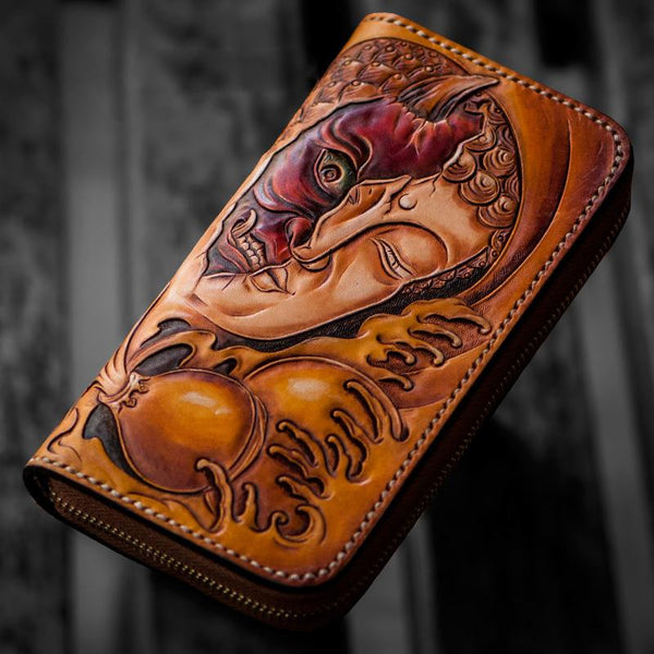 Handmade Leather Mens Clutch Wallet Cool Buddha&Demon Tooled Wallet Long Zipper Wallets for Men - imessengerbags
