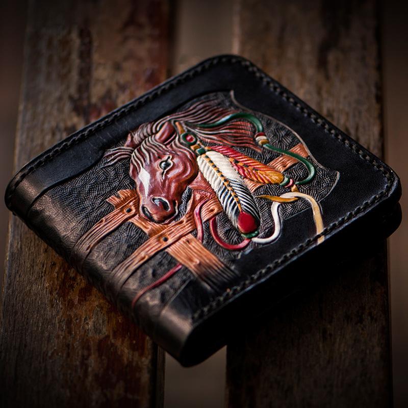 Handmade Leather Fine Horse Tooled Mens billfold Wallet Cool Leather Wallet Slim Wallet for Men - imessengerbags