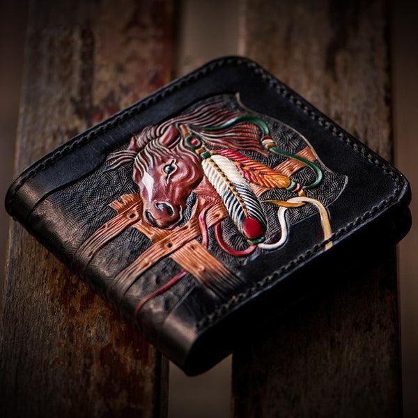 Handmade Leather Fine Horse Tooled Mens billfold Wallet Cool Leather Wallet Slim Wallet for Men - imessengerbags