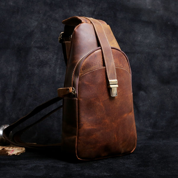 Handmade Leather Mens Cool Chest Bag Sling Bag Crossbody Bag Travel Bag Hiking Bag for men - imessengerbags