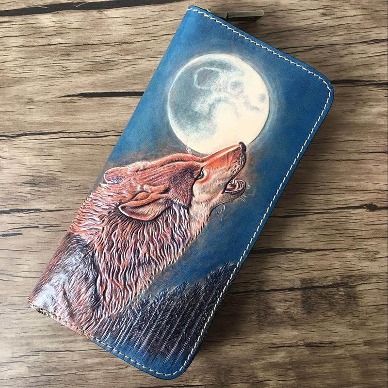 Handmade Leather Wolf Tooled Mens Long Wallet Cool Leather Wallet Clutch Wallet for Men - imessengerbags