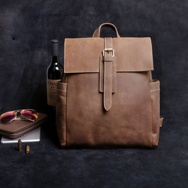 Genuine Leather Mens Cool Backpack Sling Bag Large Black Travel Bag Hiking Bag for men - imessengerbags