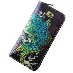 Handmade Leather Carp Tooled Mens Long Wallet Cool Leather Wallet Clutch Wallet for Men - imessengerbags