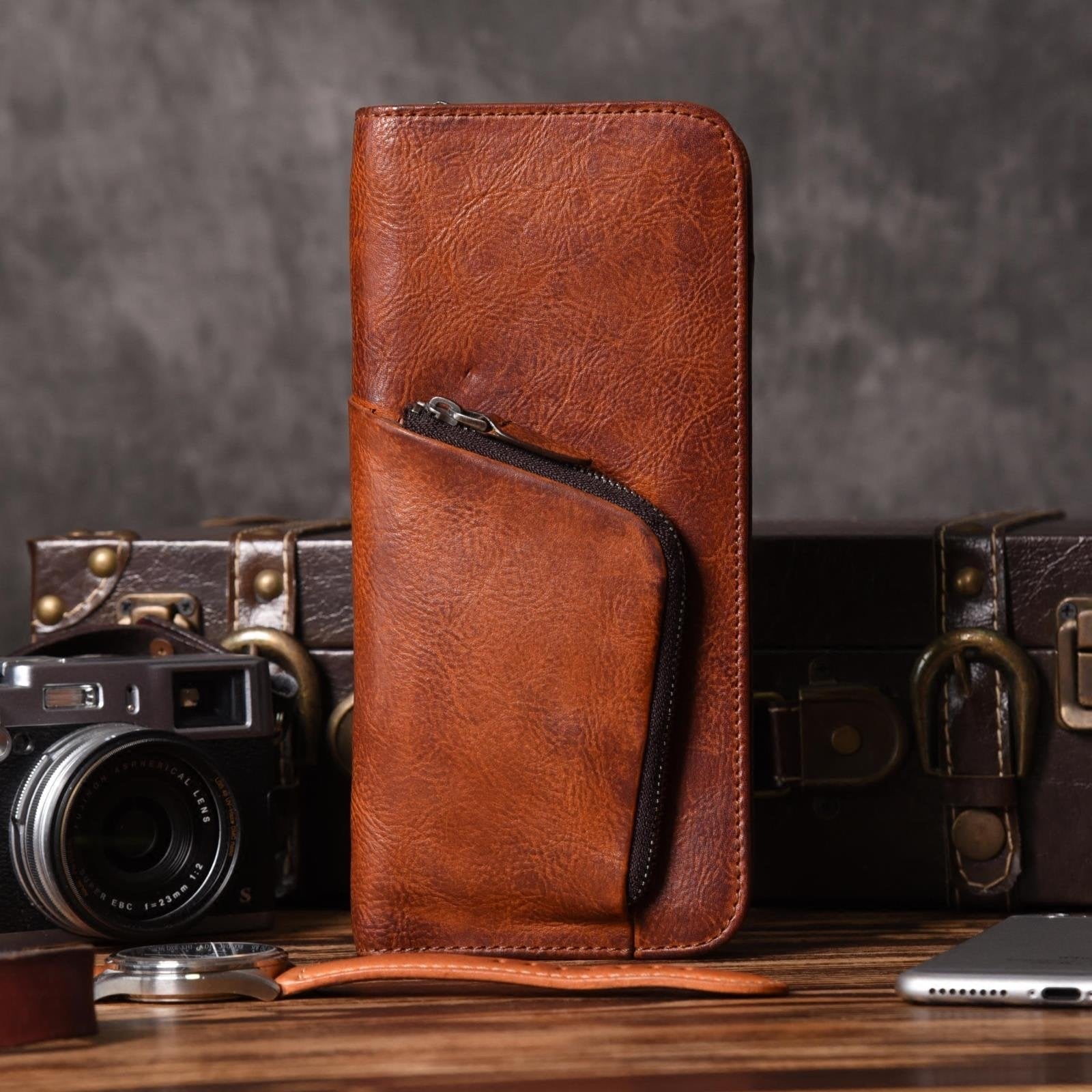 Handmade Leather Mens Cool Long Leather Wallet Zipper Phone Clutch Wallet for Men - imessengerbags