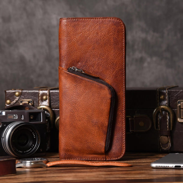 Handmade Leather Mens Cool Long Leather Wallet Zipper Phone Clutch Wallet for Men - imessengerbags