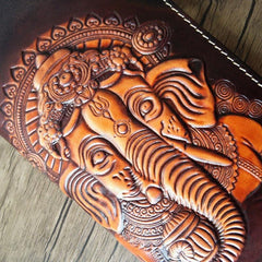Handmade Leather Ganesha Tooled Mens Long Wallet Cool Leather Wallet Clutch Wallet for Men - imessengerbags