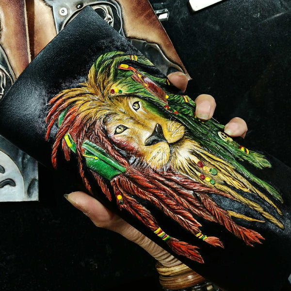 Handmade Leather Lion Tooled Mens Long Wallet Cool Leather Wallet Clutch Wallet for Men - imessengerbags