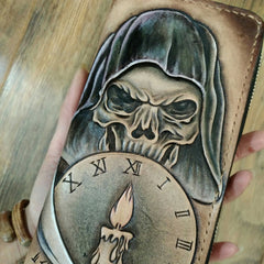 Handmade Leather Skull Death Tooled Mens Long Wallet Cool Leather Wallet Clutch Wallet for Men - imessengerbags