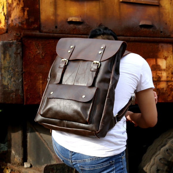 Genuine Leather Mens Cool Backpack Sling Bag Large Black Travel Bag Hiking Bag for men - imessengerbags
