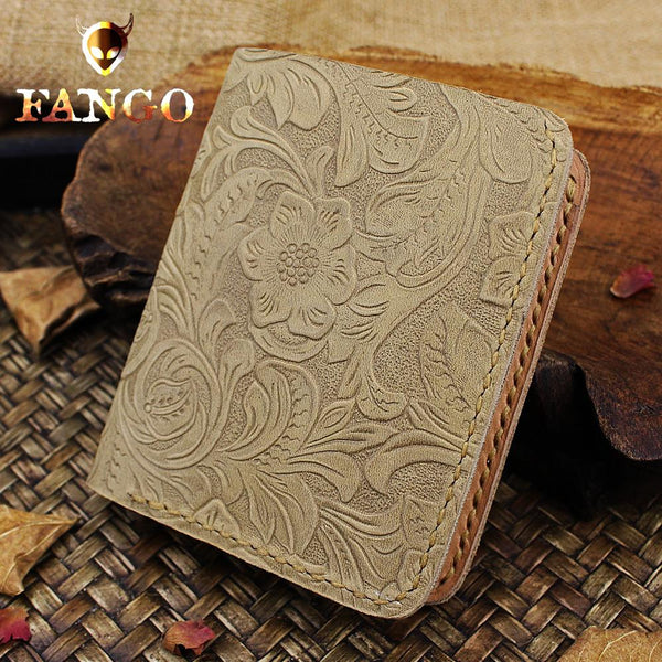 Handmade Leather Floral Mens Cool Slim Leather Wallet Men billfold Wallets Bifold for Men - imessengerbags