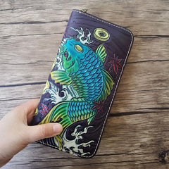 Handmade Leather Carp Tooled Mens Long Wallet Cool Leather Wallet Clutch Wallet for Men - imessengerbags