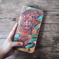 Handmade Leather Chinese Lion Tooled Mens Long Wallet Cool Leather Wallet Clutch Wallet for Men - imessengerbags