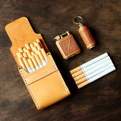 Cool Wooden Beige Leather Mens 20pcs Cigarette Case Custom Cigarette Holder for Men