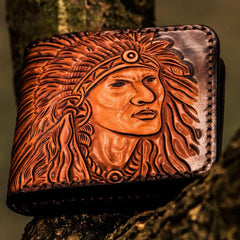Handmade Leather Indian Chief Tooled Mens billfold Wallet Cool Leather Wallet Slim Wallet for Men - imessengerbags