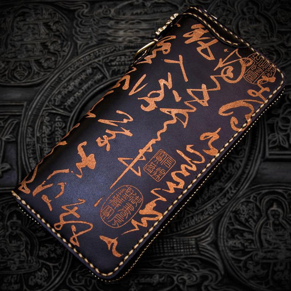 Handmade Leather Mens Chain Chinese Handwriting Biker Wallet Cool Leather Wallet Long Phone Wallets for Men - imessengerbags