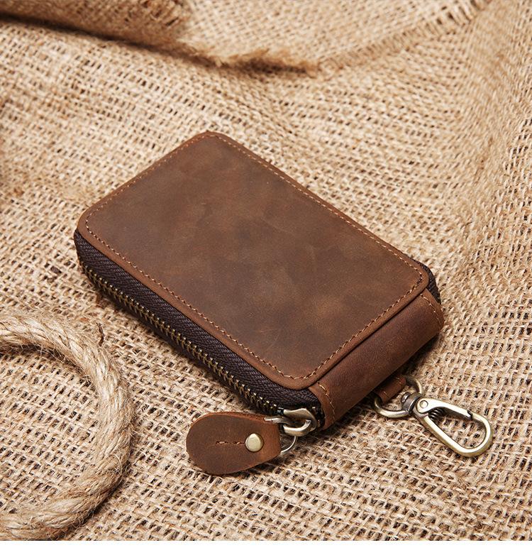 Genuine Leather Wallet Car Key Holder Case Keychain Bag Zip Pouch with Card  Slot